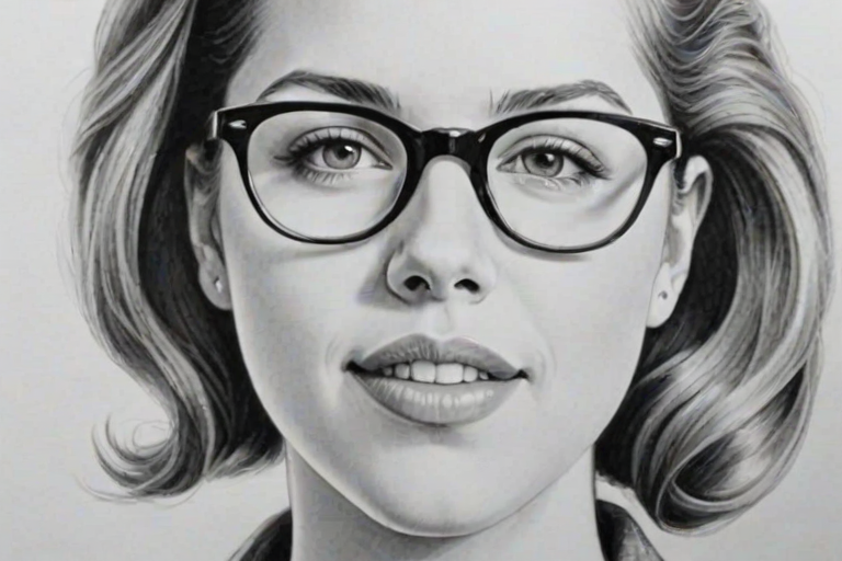 Enchanting Eden Sher, pencil sketch, portrait of Pleasing woman 1950s in glasses, hair style beatnik, outline, clear lines, fine lines, 8k