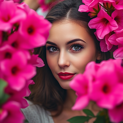 Portrait of a woman surrounded by vibrant pink flowers, soft focus, shallow depth of field, natural light, ISO 100, f/2.8, 85mm lens, shot from eye level, using a DSLR camera.