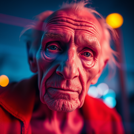 create a close-up perspective view fine art photography contemporary style of an elderly worn albino’s face with a soft, candid expression on a blurred sky black light background.Showcasing a modern style characterized by vibrant blacklight tones, using dramatic lighting and soft gradients to create a fine art atmosphere. The focus is on the light and facial features. motion light blur, neon backlit