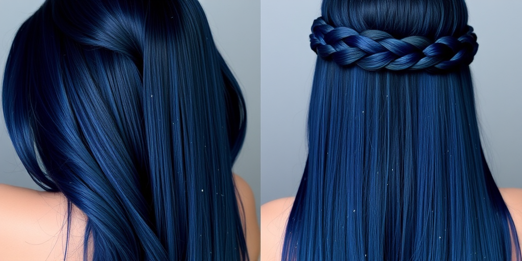 Midnight blue hair with scattered silver star-like highlights creates a captivating "Celestial Night" appearance. The long, straight locks are styled in a sleek, glass-like finish that reflects light beautifully. A section of hair is braided into an intricate crown, mimicking the Milky Way, while the rest flows freely like a river of starlight.