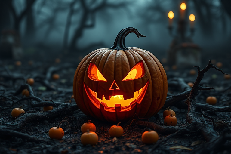 Create an image of a spooky Halloween pumpkin with a sinister grin illuminated from within sitting on a dark, muddy ground surrounded by twisted roots and small oranges scattered around, with a misty, eerie atmosphere and dim candlelight in the background.