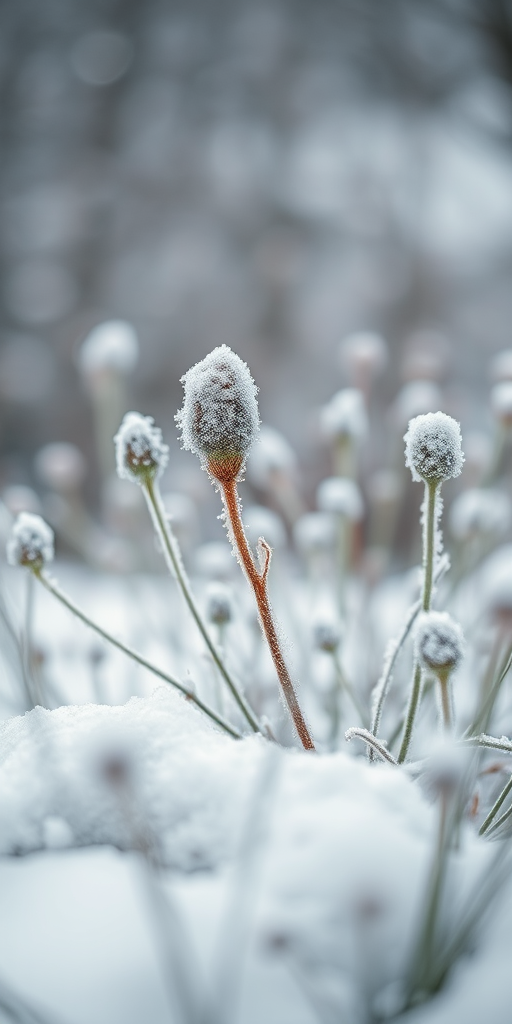 Capture a close-up shot of frost-covered plants in a soft, snowy landscape using a DSLR camera with a 50mm lens, aperture set to f/2.8 for shallow depth of field, ISO 100, and shutter speed of 1/200 sec to enhance detail and clarity.
