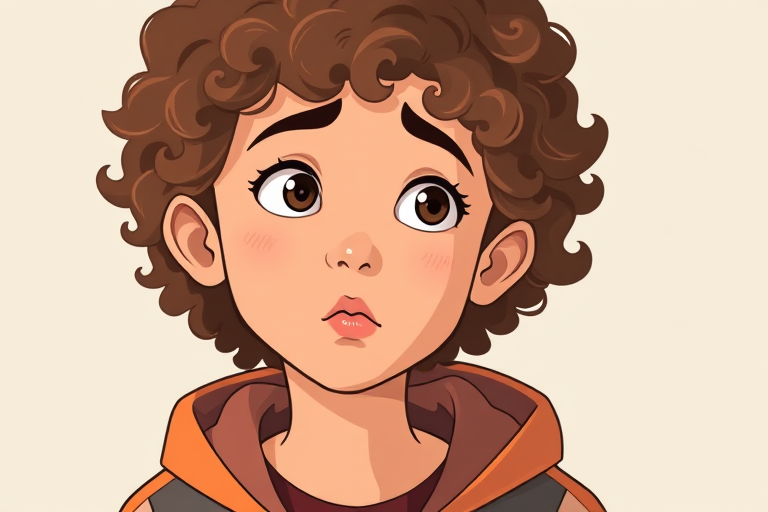 Create a high-resolution illustration of a thoughtful young person with curly hair and a questioning expression, using a 50mm lens with f/1.8 aperture, shot from a slightly above angle in a flat design style on a digital tablet.