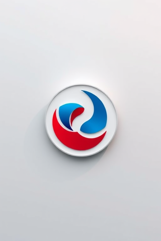 Create a high-resolution graphic of a circular logo featuring a red and blue abstract design, with a smooth gradient background, using a Canon EOS R5 at f/8, ISO 100, 50mm lens, in a flat lay style.