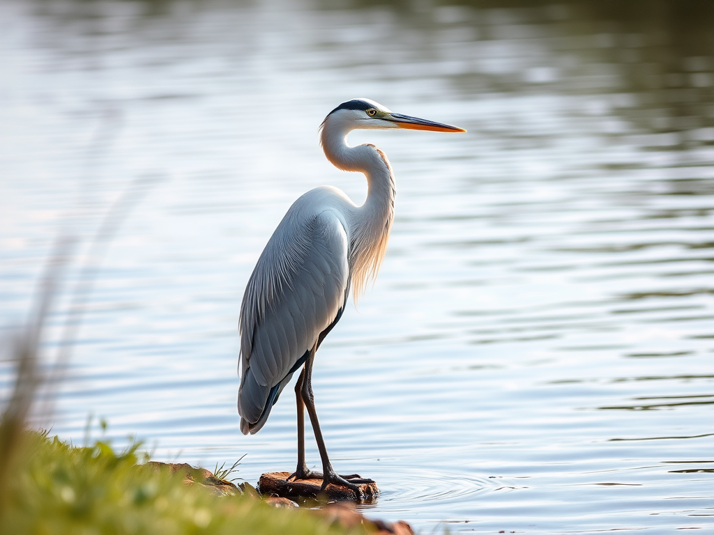 Create a high-resolution digital illustration of a graceful heron standing elegantly by the water's edge, with soft pastel colors and intricate feather details, using a Canon EOS R5 with a 135mm lens, aperture set to f/2.8 for a shallow depth of field, in natural light.