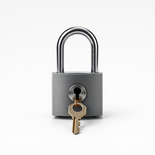 Create a high-resolution digital illustration of a closed padlock and key on a plain background, using a DSLR camera with a 50mm lens at f/1.8 for shallow depth of field, ISO 100, and natural lighting to enhance details and contrast.