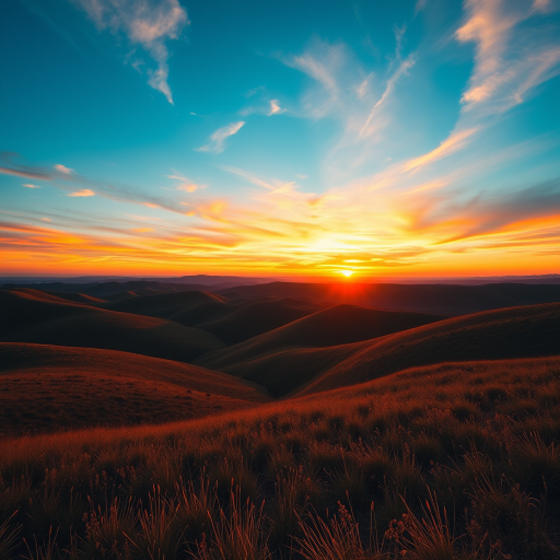 Generate an image of a serene landscape featuring rolling hills and a vibrant sunset sky, captured with a Canon EOS R5 at f/8, ISO 100, 1/200 sec, wide-angle view, emphasizing vibrant colors and details.