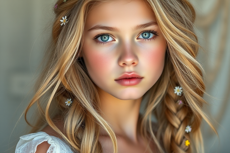 Create an image of a young woman with long, wavy blonde hair, adorned with small, colorful flowers woven into her braids and loose strands. Her complexion is fair, with soft, glowing skin, and she has light blue eyes that gaze softly at the viewer. She wears a light, flowing dress with a gentle, ethereal quality, complementing her delicate and serene appearance. The background is slightly blurred, drawing focus to her tranquil expression and the intricate details of the flowers in her hair. The overall mood of the image is one of natural beauty and grace, evoking a sense of peacefulness and connection with nature.