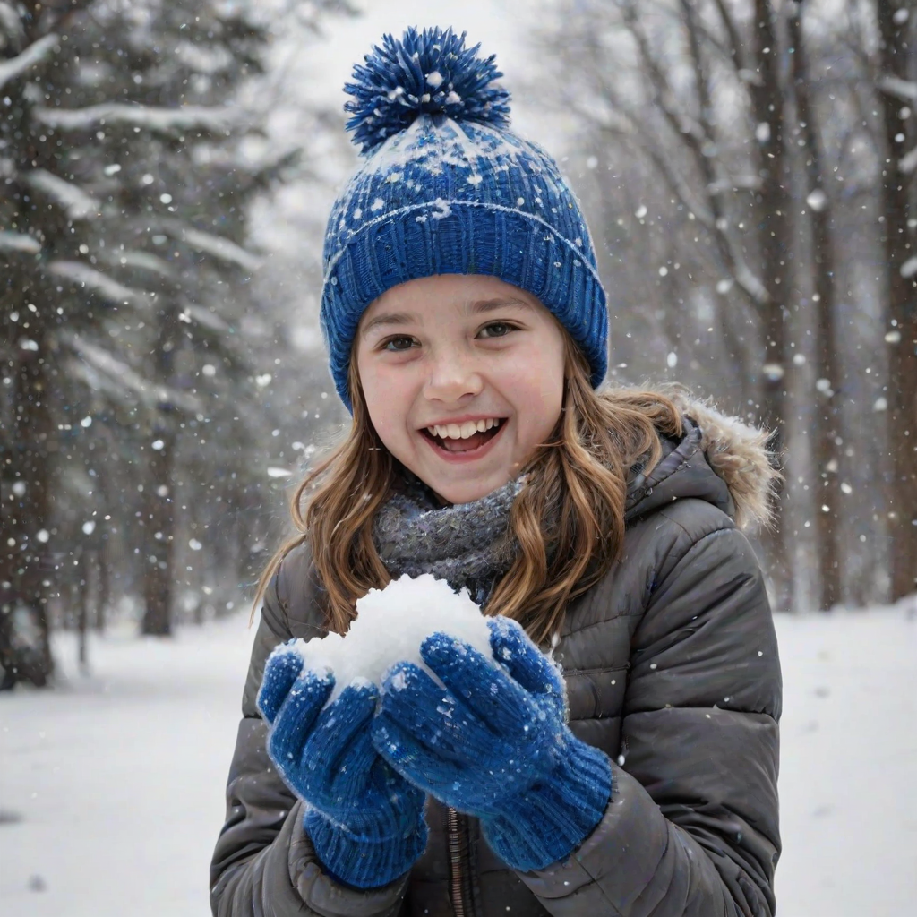 A hyperdetailed photorealistic macro image black and white pencil sketch of a young girl getting hit by a snowball during a snowball fight. She is wearing a brilliant sapphire blue wool beanie and bright blue mittens. She is trying to block the snowball by putting her hands up. The snowball hits her beanie and disintegrates into myriad tiny snowflakes caught with high speed photography. The girl is laughing and having a wonderful time.