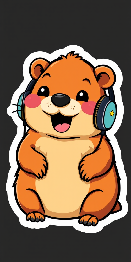 this photo is sticker, Happy Colorful Groundhog wearing Headphones, kawaii, contour, vector, black background