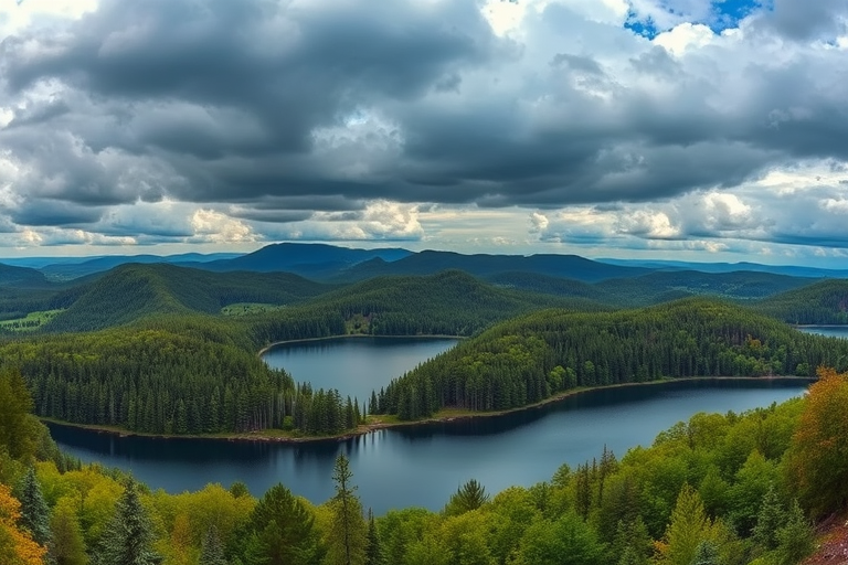 Create a high-resolution landscape image of a scenic lake surrounded by lush green forests and rolling hills under a dramatic cloudy sky, shot with a Canon EOS R5 at f/8, ISO 100, 1/250s, wide-angle lens, with a panoramic perspective to capture the expansive view.