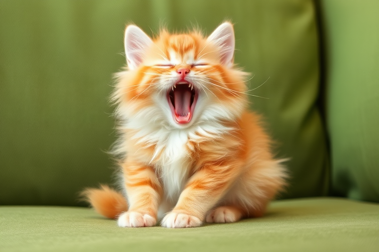 A fluffy light orange and white kitten sitting on a green couch yawning with its eyes closed and front paws together.