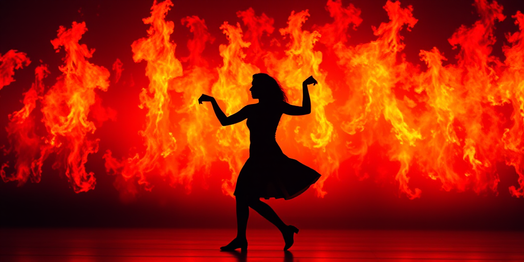 Create an image of two silhouettes dancing against a vibrant background of orange and red flames, using a DSLR camera, 50mm lens, f/1.8 aperture, 1/100 sec shutter speed, ISO 200, in a low light setting to enhance the contrast and vivid colors.