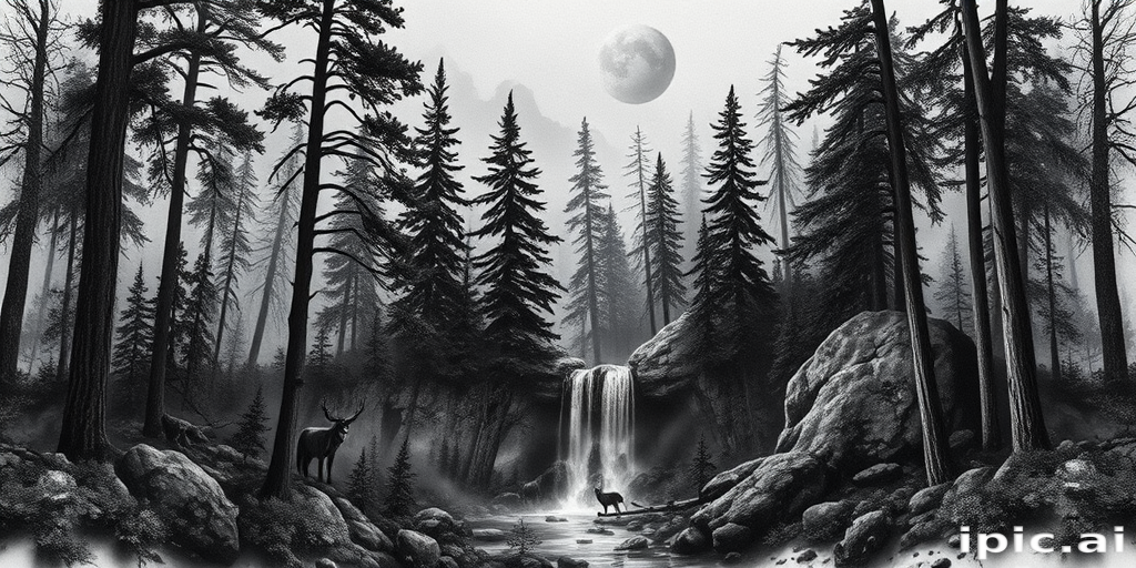 Realistic black and gray tattoo called "Shadows of Nature" portraying a lifelike forest scene with towering trees, cascading waterfalls, and hidden wildlife, celebrated for its photorealistic shading and depth