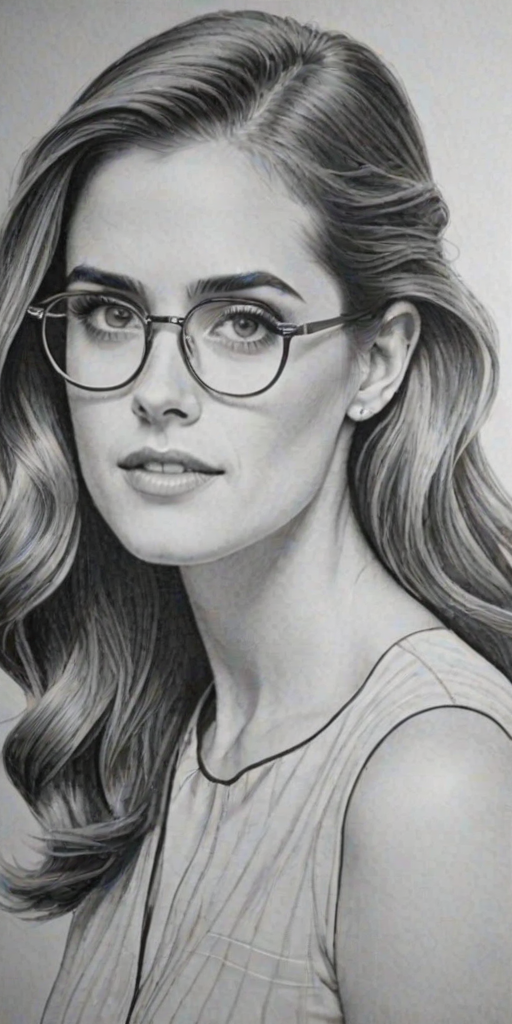 Captivating Allison Williams, pencil sketch, portrait of Dazzling woman 1957s in glasses, hair style beatnik, outline, clear lines, fine lines, 8k
