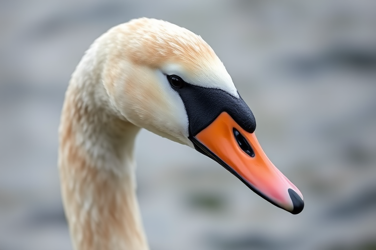 close-up of a swan's head with a soft focus background, taken with a DSLR camera, f/2.8 aperture, 100mm lens, ISO 200, natural light, high resolution, shallow depth of field