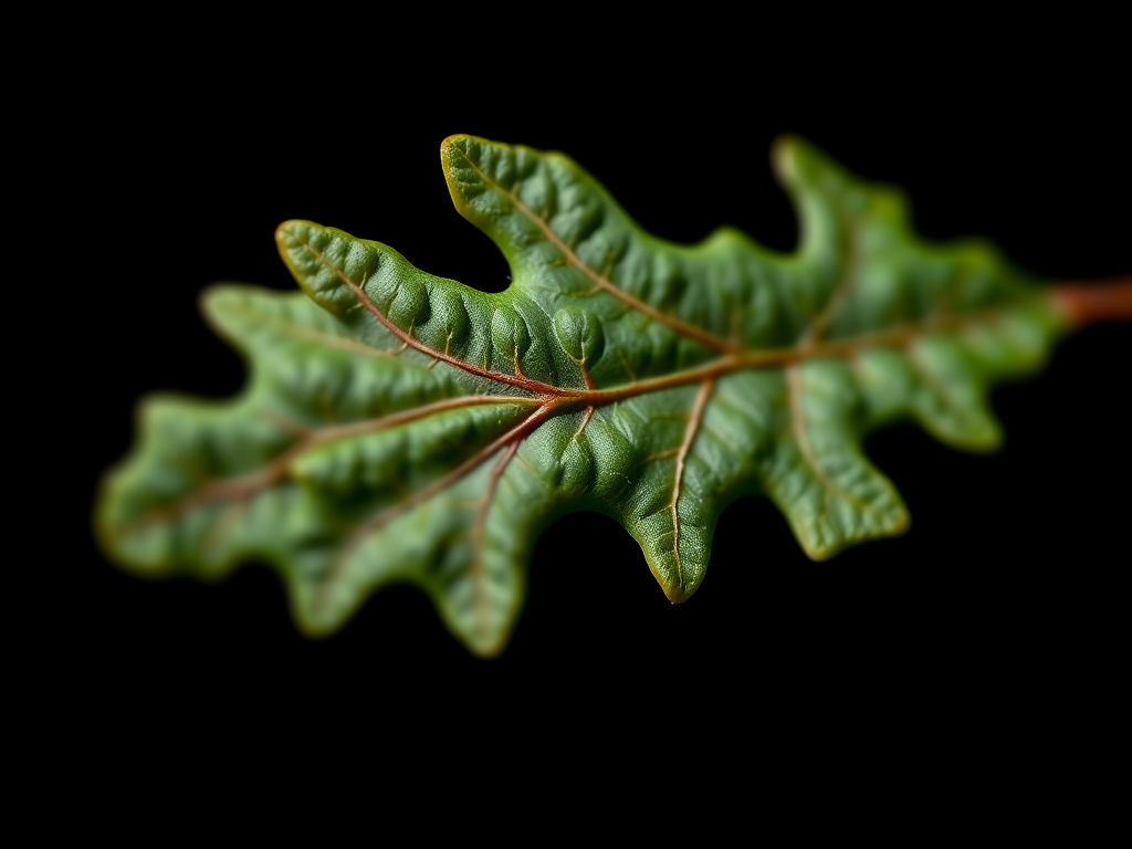 Create a high-resolution image of an oak leaf against a black background, using a macro lens with a shallow depth of field, ISO 100, aperture f/2.8, 50mm focal length, in natural light to emphasize the leaf's texture and color.