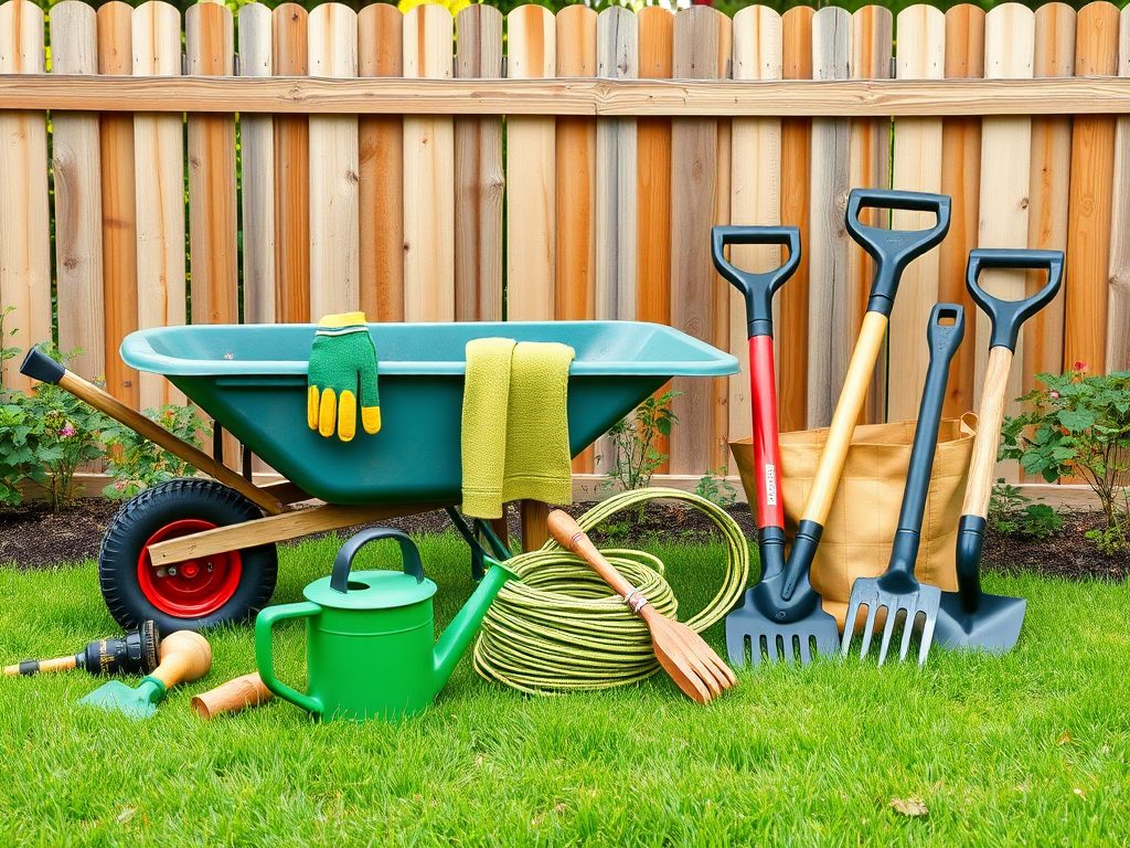 Create a high-resolution vector illustration of gardening tools arranged in a backyard setting, featuring a wheelbarrow, lawnmower, gloves, hose, watering can, rake, shovel, and garden fork, with a wooden fence in the background, shot with a DSLR camera at f/8, ISO 100, 50mm lens, in natural daylight for vibrant colors and sharp details.