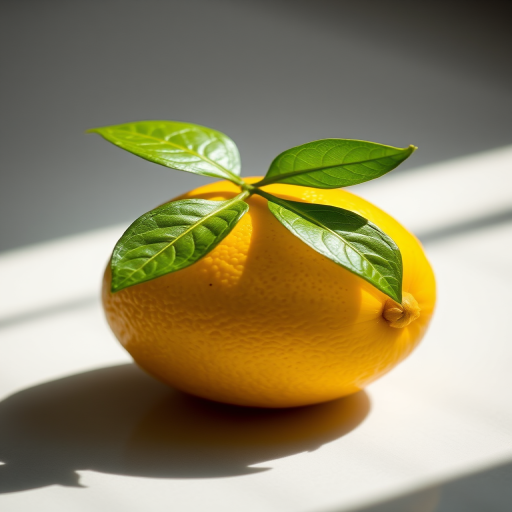 Create a high-resolution image of a single lemon with two green leaves, minimalist style, soft shadows, using a DSLR camera set at f/2.8, ISO 100, 50mm lens, with natural lighting and a shallow depth of field.