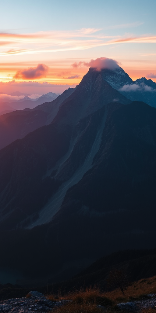 Generate a high-resolution image of a serene mountain landscape during sunrise with vibrant colors and soft clouds, using a Canon EOS R5, 24mm lens, aperture f/8, ISO 100, and a wide-angle view for depth and clarity.