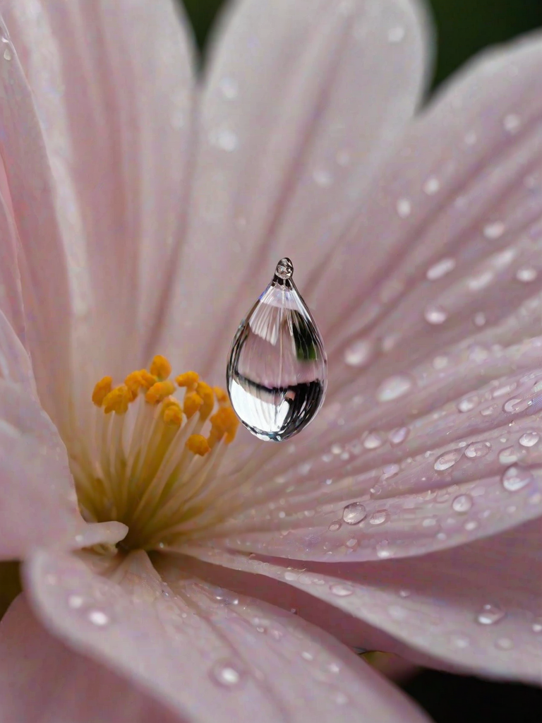 Sharp, high-resolution close-up of a raindrop resting on a delicate flower petal, soft sunlight reflecting off the water, tiny details of the petal's texture visible, and the fresh smell of rain.