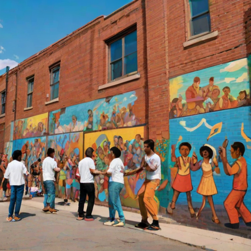 Colorful urban mural, depicting a lively street scene with people from different cultures interacting, children playing, and musicians performing, set against a backdrop of a weathered brick wall.