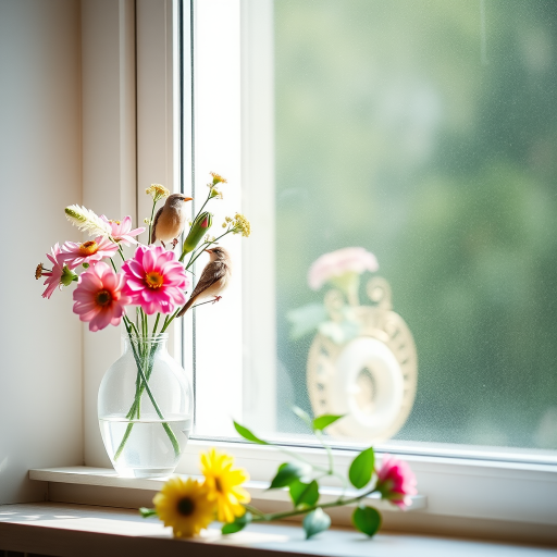 A still life composition featuring a vase of flowers and a small bird perched on a window ledge, captured with a Canon EOS R5 at f/2.8, 50mm lens, ISO 100, natural light, shallow depth of field, soft focus background.