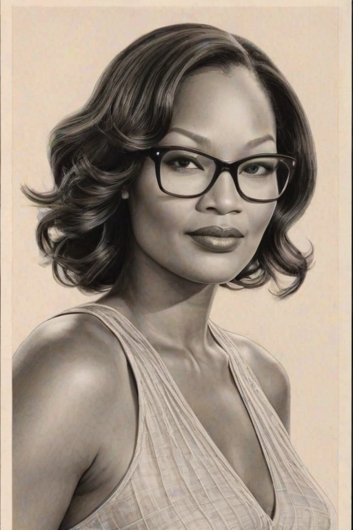 Dazzling Garcelle Beauvais, pencil sketch, portrait of Enchanting woman 1936s in glasses, hair style beatnik, outline, clear lines, fine lines, 8k