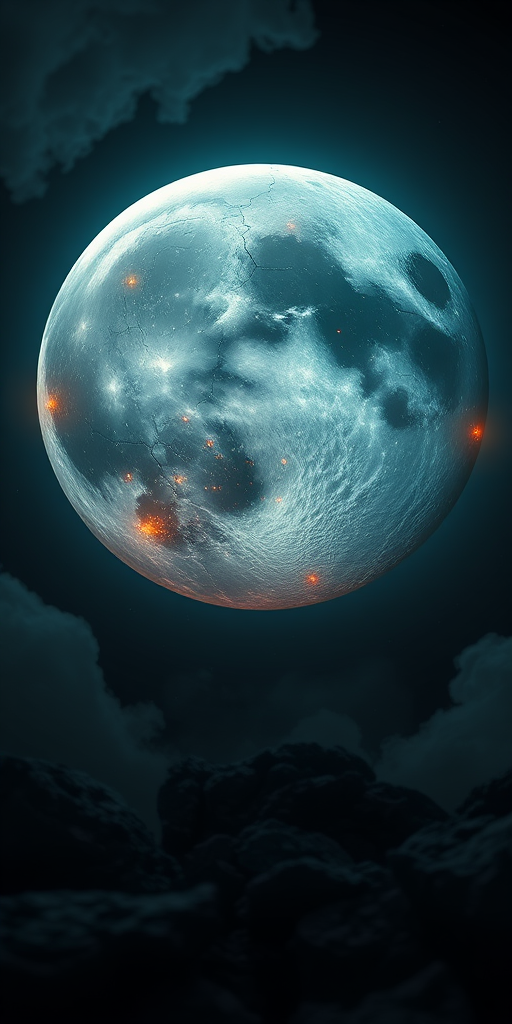 Create a highly detailed digital illustration of a cracked moon with glowing elements, using a Canon EOS R5, 24mm lens, f/8 aperture, ISO 100, 1/125 sec exposure, with a dramatic low-angle view and high dynamic range for enhanced contrast and detail.