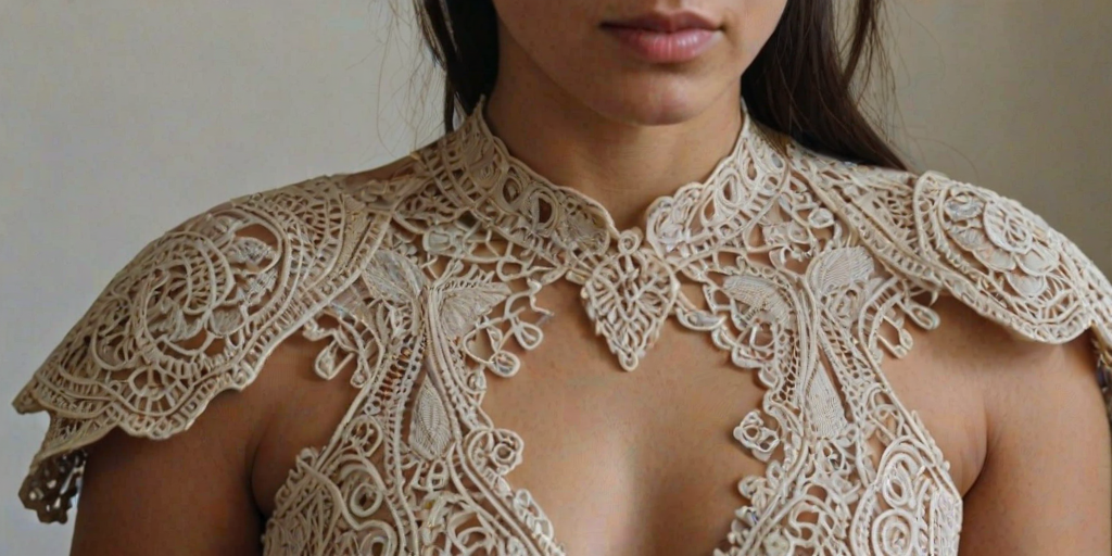 Face, shoulders, chest covered in openwork Romani embroidery. Raw, unedited image.