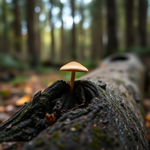 Capture a close-up of a solitary mushroom on a log with a blurred forest background, using a Canon EOS 5D Mark IV, 50mm lens, aperture f/2.8, shutter speed 1/125 sec, ISO 100, natural soft lighting.