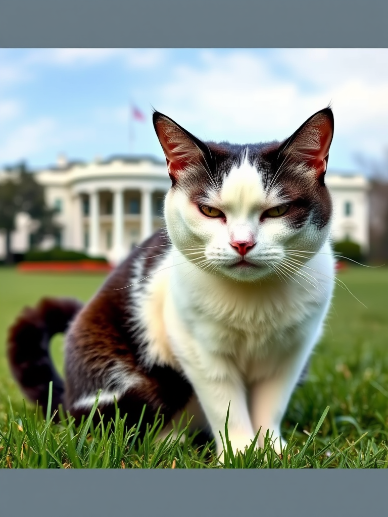 A close-up photograph of a white and black cat sitting on a green lawn. Its tail is curled neatly beside it, and the cat's face is predominantly white. It has a distinctive expression, resembling a domestic shorthair, with slightly squinted eyes that give it a look of frustration. In the background, the White House in Washington, D.C. looms, while the cat sits angrily on the grass, its posture showing intense displeasure.