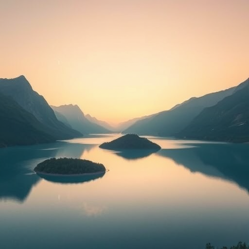 Create a high-resolution image of a serene landscape featuring a tranquil lake surrounded by mountains at sunrise, using a Canon EOS R5 with a 24-70mm f/2.8 lens, set to ISO 100, aperture f/11, and a shutter speed of 1/125 seconds, captured from a wide-angle view to emphasize the expansive scenery.
