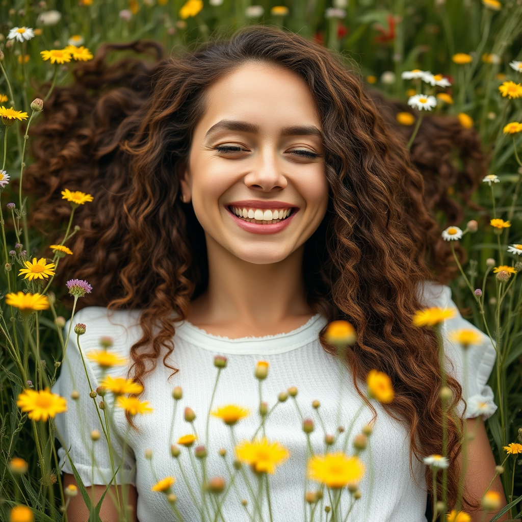 Create a highly detailed portrait of a smiling woman with long, curly hair lying in a field of wildflowers, using a Canon EOS R5 with a 50mm f/1.2 lens, aperture set to f/2.8, ISO 100, at a slight downward angle with soft, natural lighting to enhance colors and textures.