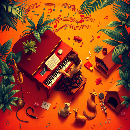 create a vibrant digital artwork featuring a woman playing a grand piano surrounded by musical notes, colorful instruments like a saxophone and trumpet, tropical plants, a cat and a dog near a doghouse, in a warm orange and yellow color palette, with high-resolution details, captured with a DSLR camera at f/2.8, ISO 100, and 24mm lens, in a top-down view for an immersive effect