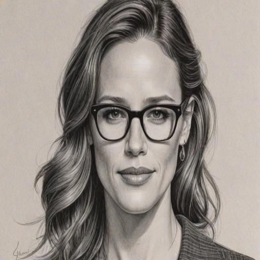Beauteous Jennifer Garner, pencil sketch, portrait of Sublime woman 1935s in glasses, hair style beatnik, outline, clear lines, fine lines, 8k