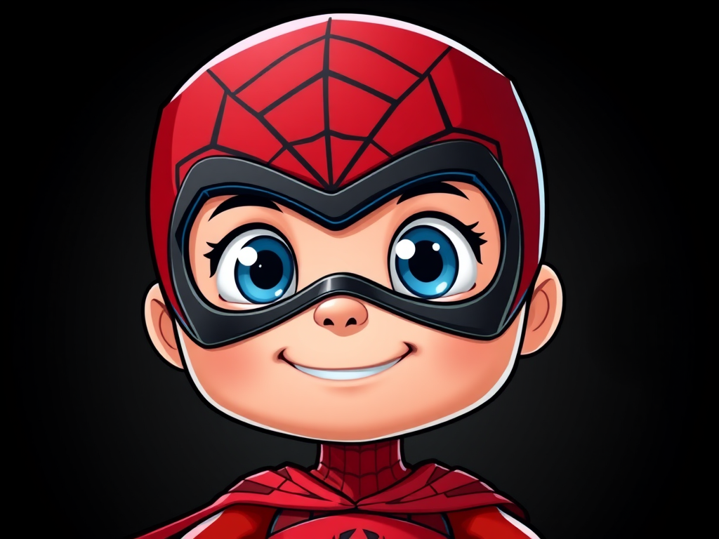 Create a vibrant illustration of a cartoon superhero with a red and black mask featuring a web design, large expressive blue eyes, and a confident smile, positioned against a solid black background, captured with a Canon EOS R5 camera, 50mm lens, f/1.8 aperture, ISO 100, and soft lighting to enhance details and colors.