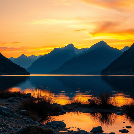 Generate a high-resolution image of a serene landscape featuring mountains and a lake during sunset, using a DSLR camera with a 24mm f/2.8 lens, ISO 100, shutter speed 1/250s, aperture f/8, in vibrant colors and sharp detail, shot from a low angle to capture reflections in the water.