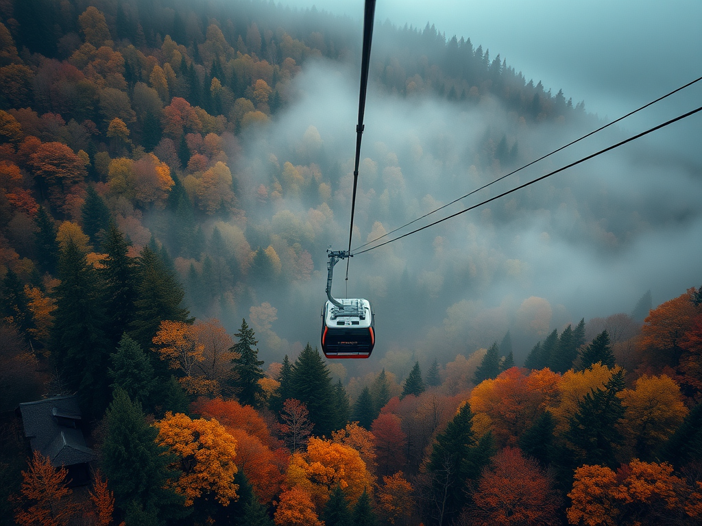 Aerial view of a cable car moving over a forested landscape in autumn with fog, camera settings: ISO 400, f/5.6, shutter speed 1/250s, camera style: cinematic, camera type: DSLR, lens focal length 24mm.
