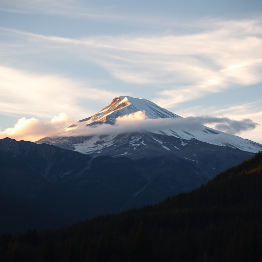 Capture a majestic mountain scene with a snow-capped peak surrounded by wispy clouds and a forested foreground during golden hour, use a DSLR camera at f/8, ISO 100, shutter speed 1/200s, with a wide-angle lens and a low-angle perspective.