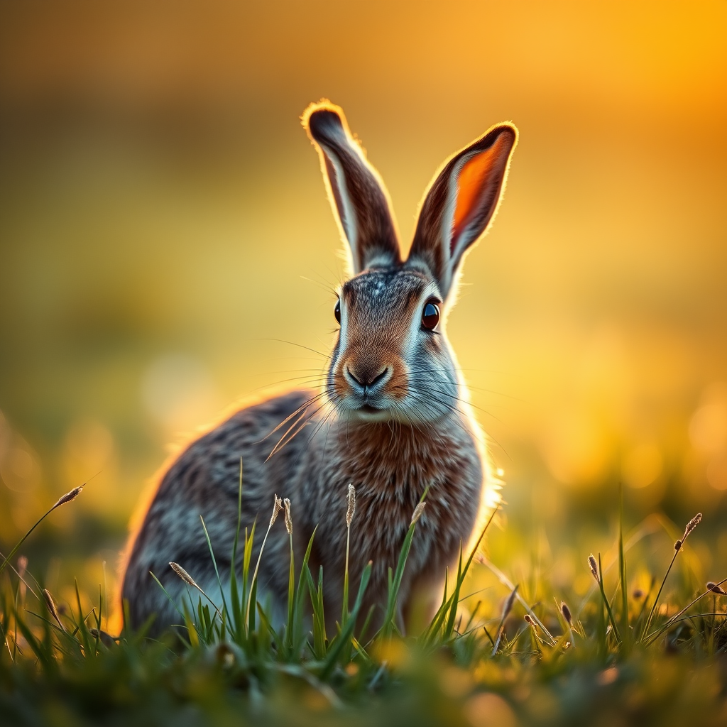 A close-up of a hare sitting in a grassy field during golden hour, focus on its detailed fur with soft bokeh background, aperture f/2.8, shutter speed 1/250 sec, ISO 200, taken with a DSLR camera using a 50mm lens.