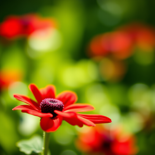 vivid close-up of a red flower with a blurred green background, f/2.8 aperture, 50mm lens, shallow depth of field, natural sunlight, high dynamic range photography, DSLR camera