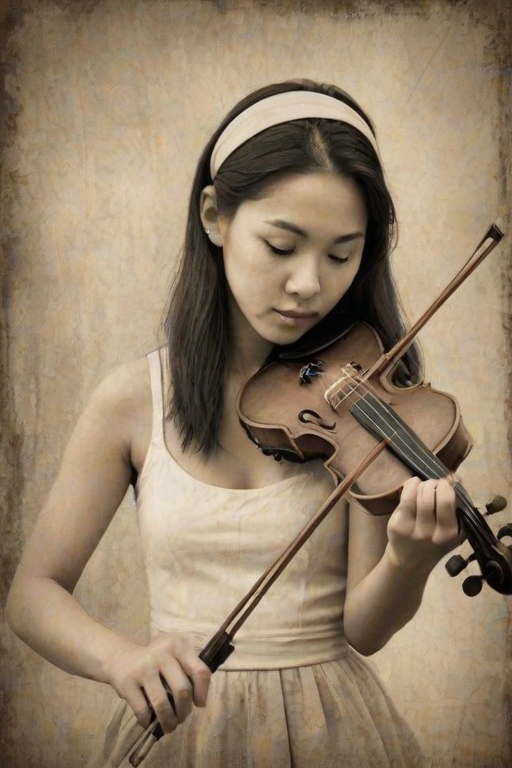 a young Asian woman with a white headband playing a violin, in the style of a charcoal drawing, sepia grunge background
