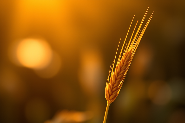 Capture a close-up of a single wheat spike with golden sunlight illuminating it from behind, using a DSLR camera set to f/2.8 aperture, 1/500 shutter speed, ISO 100, shallow depth of field, and a soft bokeh background for enhanced image quality.