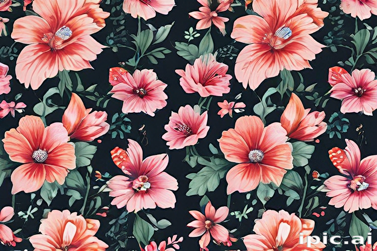 Vibrant Floral Pattern Featuring Pink and Red Flowers on Dark Background