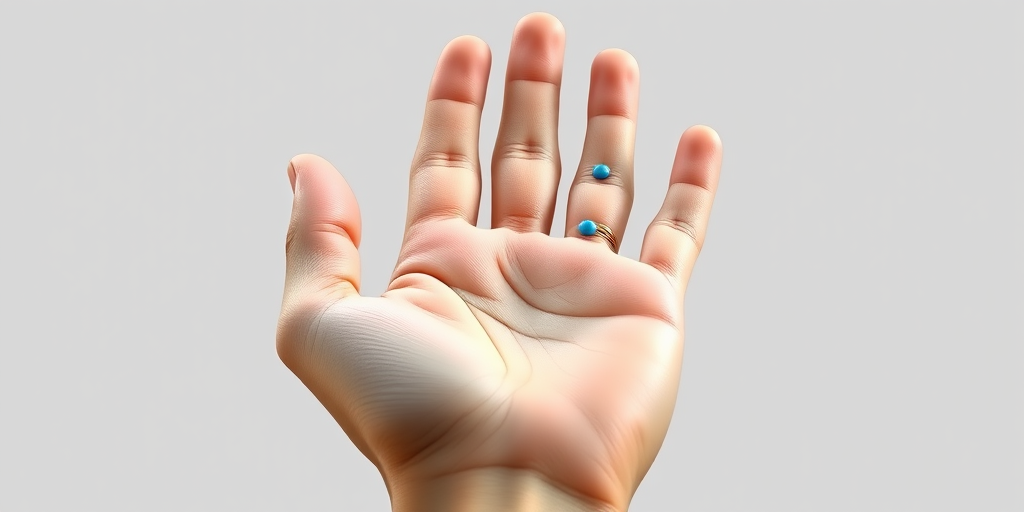 Create a detailed, high-resolution illustration of a human hand palm facing up, featuring six small blue dots on the wrist area, using a Canon EOS R5 camera with a 50mm f/1.2 lens, shot from a straight-on view at a slightly elevated angle to enhance detail and texture, ensuring soft natural lighting for a realistic appearance.