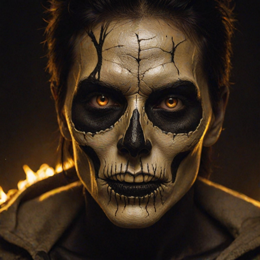 Create image featuring a close-up of a face painted like a skull. The skin is predominantly white with textured, cracked paint. The eye sockets are painted black, blending into the natural shadows of the eyes, creating a deep, hollow look. Bright, intense golden-yellow lights radiate from the eyes, casting a warm glow that contrasts with the cold, esoteric background. The nose is painted black in the shape of a spade. The mouth area features black lines extending from the corners, resembling a stitched effect. The face has sporadic black hair strands that frame it dramatically, adding to the eerie yet captivating feel. The background is blurred and dark, enhancing the focus on the face. Small, glowing orange embers are scattered sporadically across the image, contributing to the mysterious and magical atmosphere. The overall style is hyper-realistic with an emphasis on the contrast between light and dark elements, giving it an almost supernatural