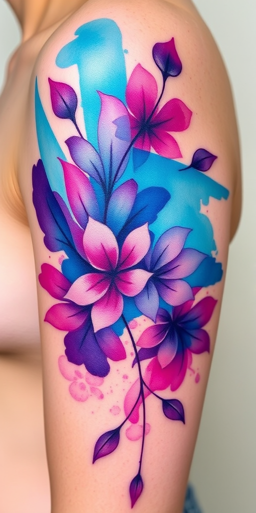 Vibrant watercolor splash tattoo named "Chromatic Cascade" featuring fluid brushstrokes of vivid turquoise blue fading into rich purple and magenta hues creating an abstract floral design with delicate petals and leaves swirling across the skin seamlessly blending into the natural contours of the body with soft edges and translucent layering techniques giving a dreamy ethereal quality to the overall composition