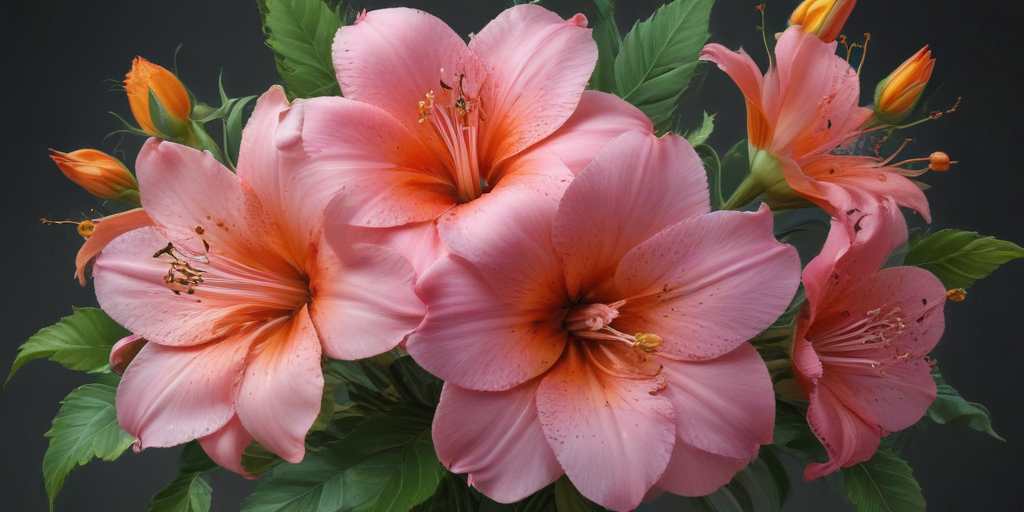 A Vibrant Bouquet of Pink Flowers with Lush Green Leaves and Buds.