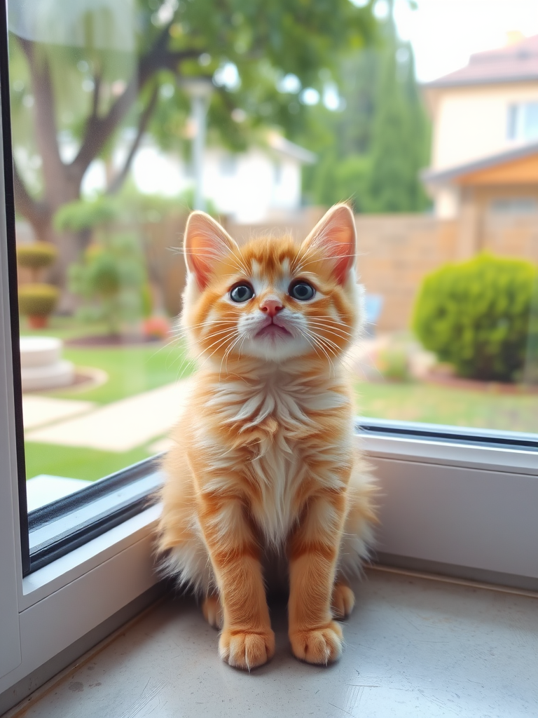 A fluffy orange kitten sitting by a window with a curious expression looking up, surrounded by a garden with trees and buildings in the background, natural light illuminating the scene, soft focus on the surrounding area.